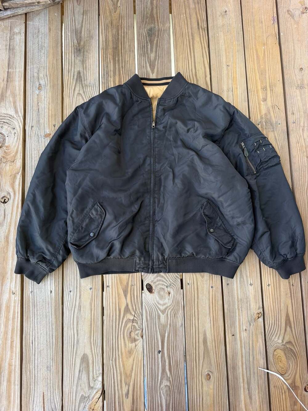 Vintage Black Flight Bomber Jacket with Quilted Honeycomb Lining